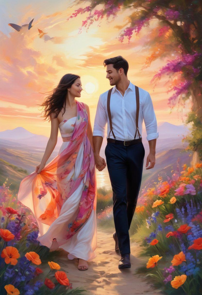 A serene scene depicting a couple joyfully exploring beautiful landscapes hand in hand, surrounded by vibrant flowers and soft sunlight. Their expressions radiate bliss and adventure, with elements suggesting sensuality like flowing silk scarves catching the breeze. The background features a dreamy sunset that enhances the romantic vibe. A whimsical touch of fluttering butterflies adds to the joy. vibrant colors. ethereal painting.