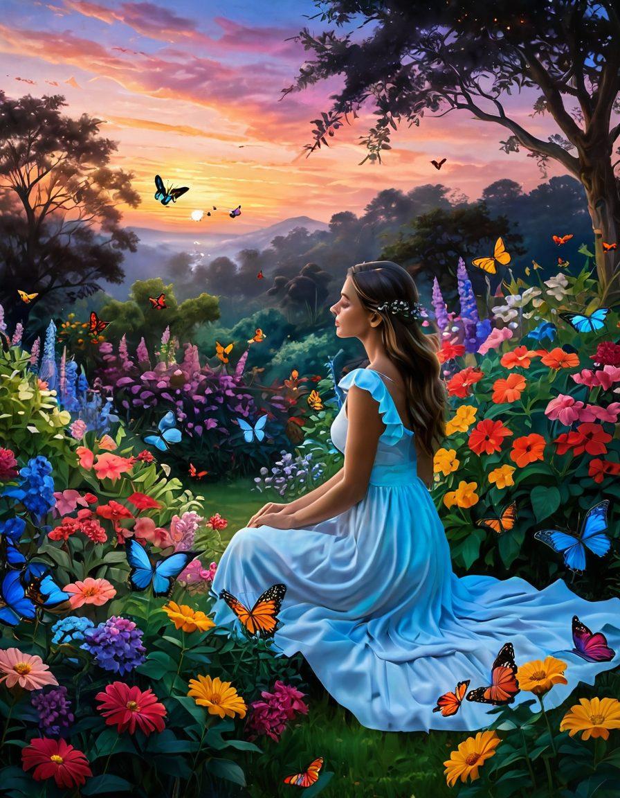 A serene, dreamy landscape showcasing a lush garden filled with vibrant flowers, softly glowing under a twilight sky. In the foreground, a figure in a blissful pose explores the essence of joy, surrounded by butterflies symbolizing freedom and ecstasy. The atmosphere is warm and inviting, emphasizing connection and intimate pleasure. super-realistic. vibrant colors. mystical ambiance.
