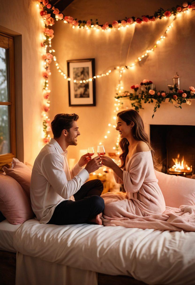 A whimsical scene featuring a couple in a cozy, dimly-lit room adorned with warm fairy lights, sharing an intimate moment over a candlelit dinner. Surround them with soft cushions, plush blankets, and scattered rose petals, while a gentle glow from a fireplace enhances the romantic ambiance. Capture their joyful expressions as they toast with sparkling glasses, symbolizing love and connection. surrealist art, warm tones, dreamy atmosphere.